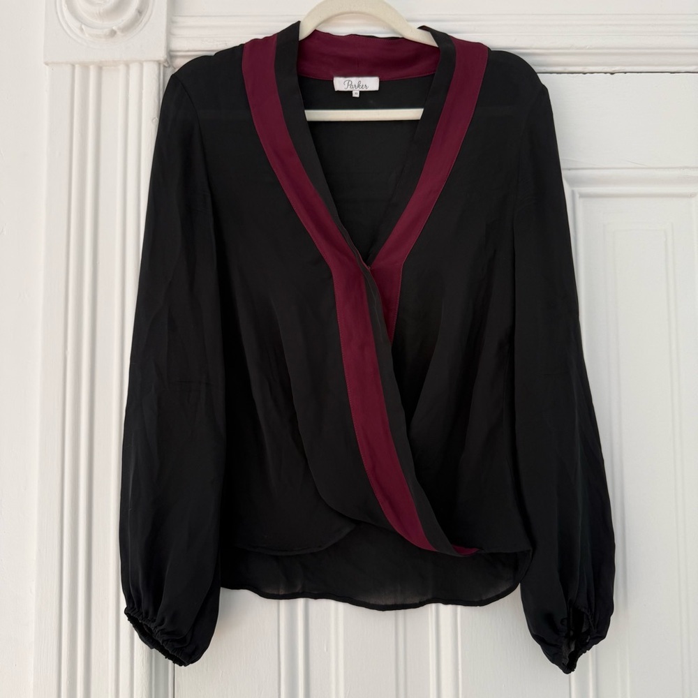 Parker Black and Burgundy faux Wrap Blouse